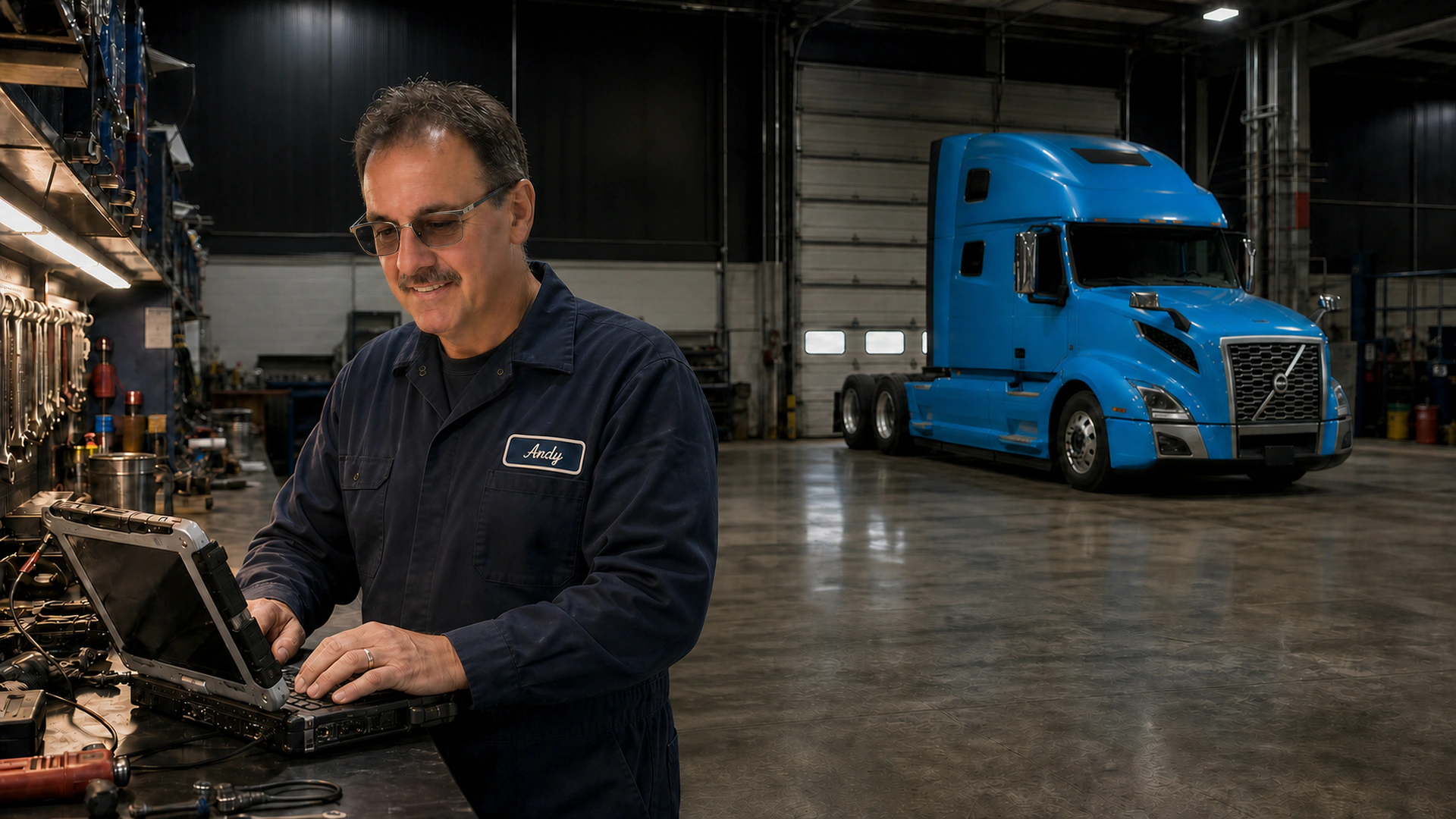 Andy working on truck diagnostics with a blue Volvo in the service shop