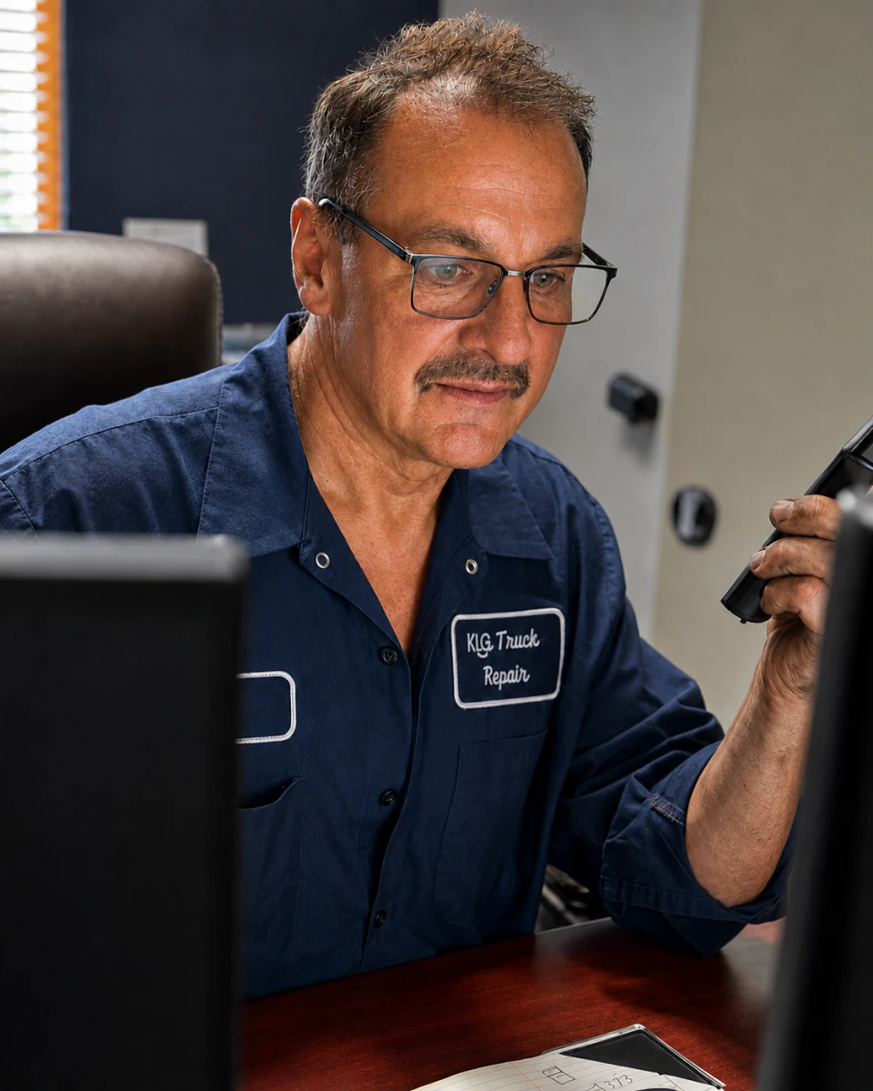 Andy reviewing service information at a computer at Big Truck & Trailer Repair in Park City, Illinois