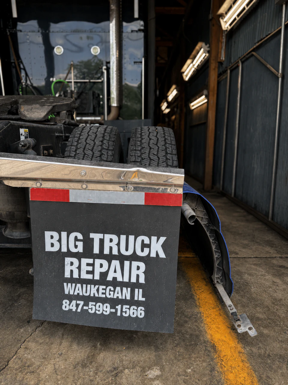 Rear of a heavy-duty truck chassis with a Big Truck Repair mudflap inside the Park City shop near Waukegan, Illinois