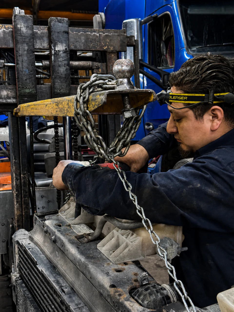 Mechanic working in the engine bay of a blue heavy-duty truck with lifting equipment at Big Truck & Trailer Repair in Park City, Illinois