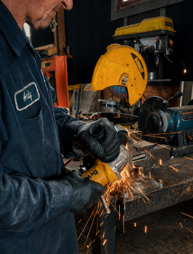 Mechanic Andy grinding a metal component at a workbench inside Big Truck & Trailer Repair in Park City, Illinois