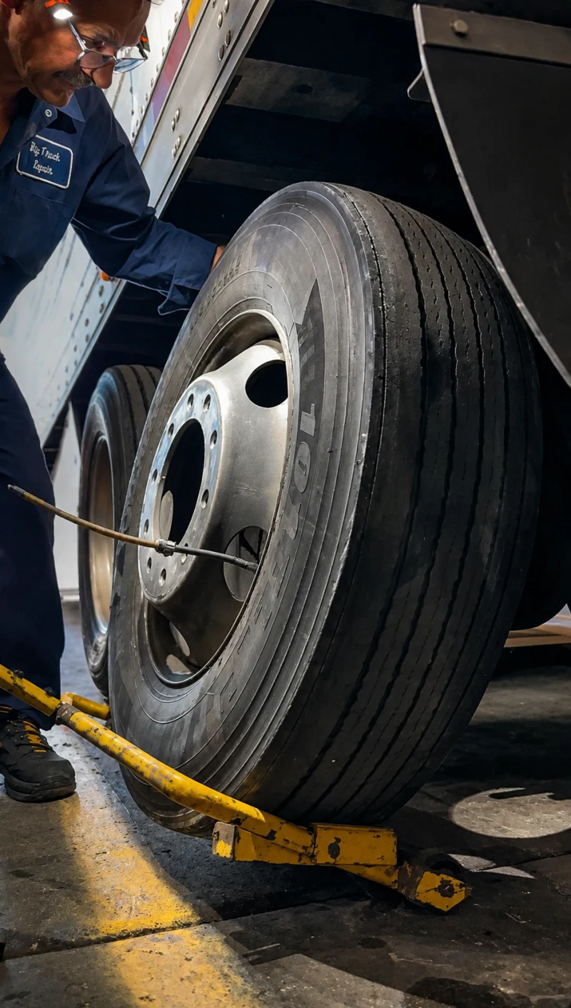 Mechanic servicing a heavy-duty truck tire at Big Truck & Trailer Repair in Park City, Illinois