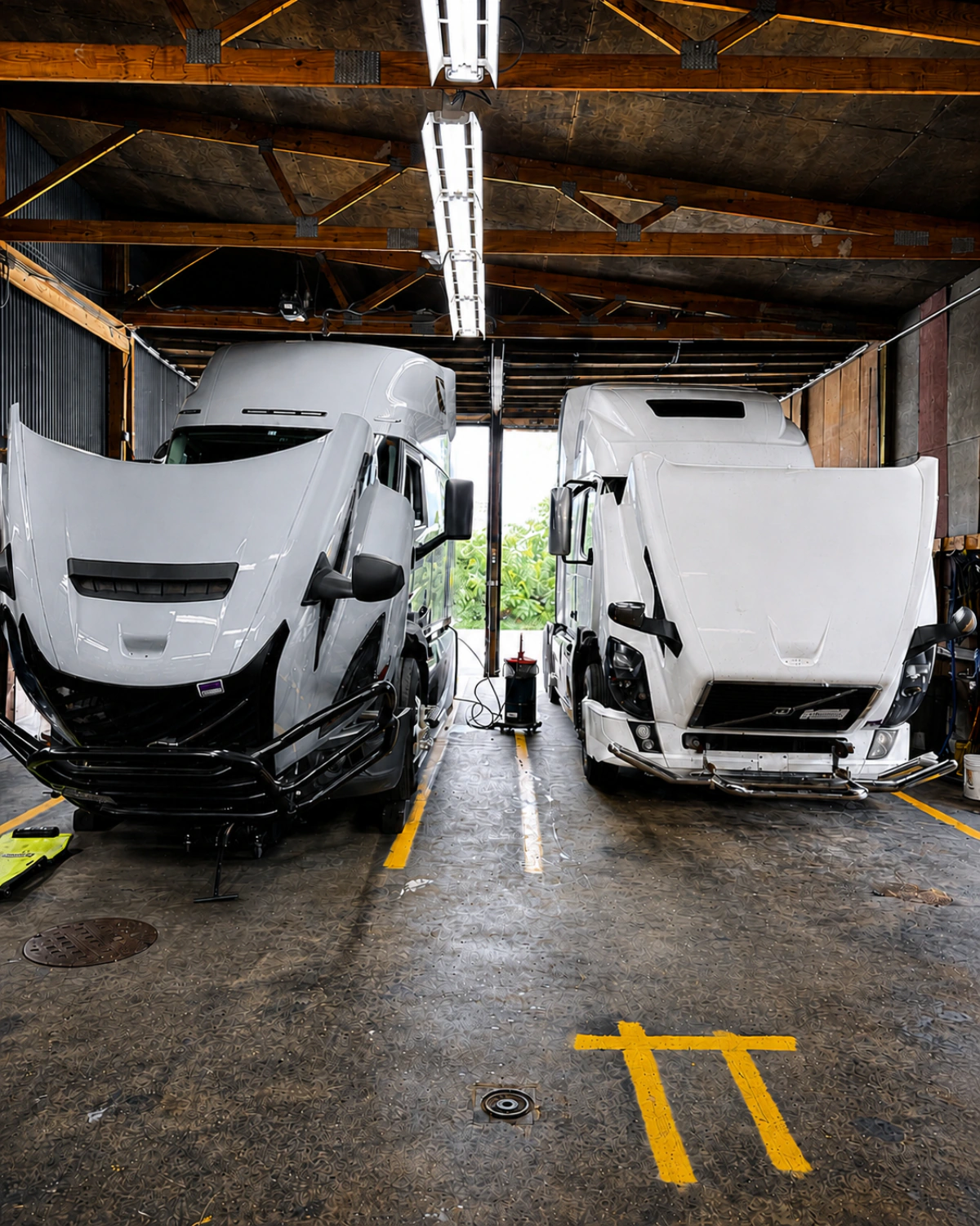 Two white semi trucks with their hoods open inside Big Truck & Trailer Repair in Park City, Illinois