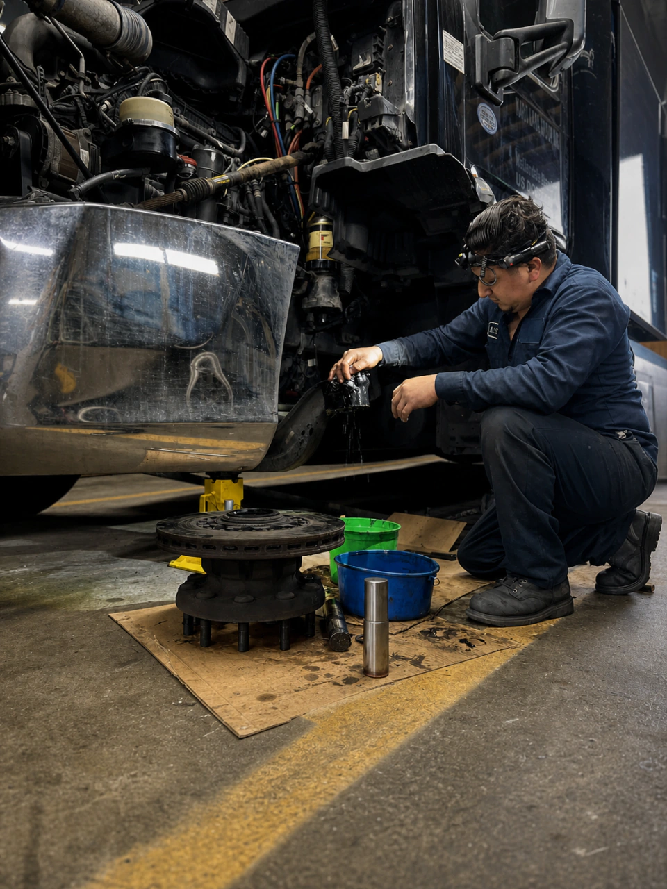 Technician performing heavy-duty truck repair beside a removed wheel-end assembly at Big Truck & Trailer Repair in Park City, Illinois